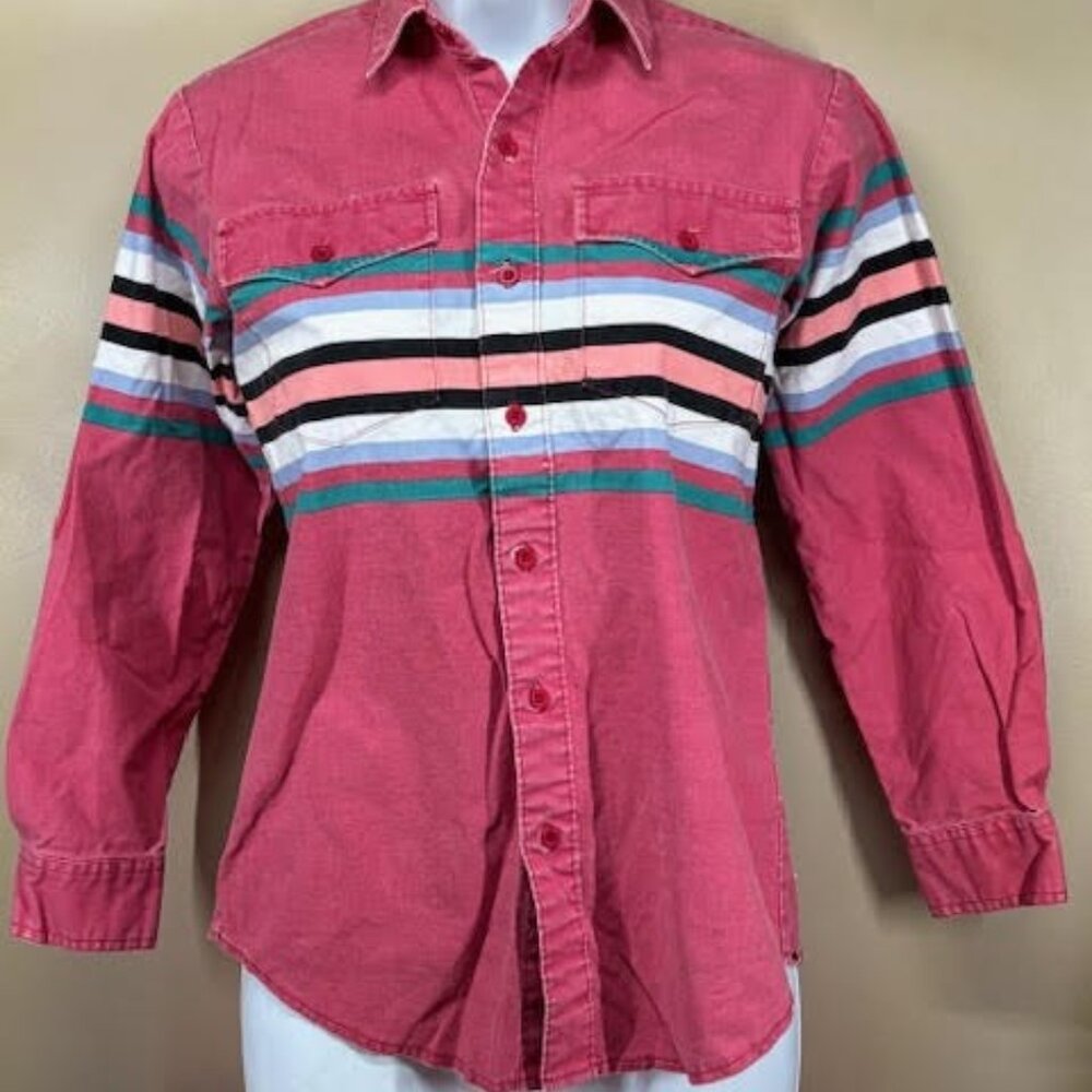 VTG 90's Wrangler Brush Popper Pink Stripe Youth 14 XL Shirt Button Up